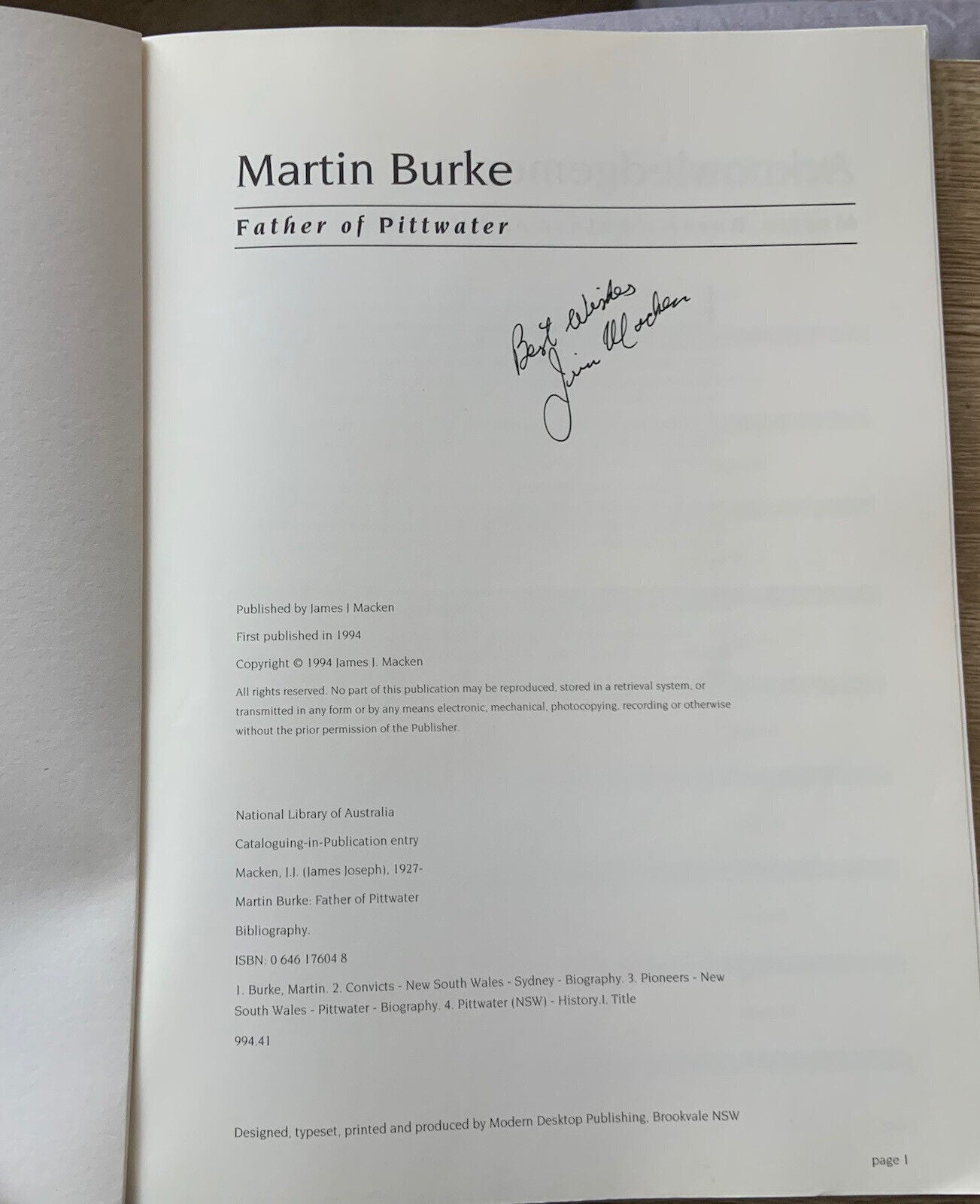 MARTIN BURKE The Father of Pittwater James J Macken 96 pages Signed by Author
