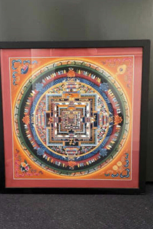 KALACHAKRA WHEEL OF LIFE Tibet Om Mandala Original Hand Painted 48cm Glass Frame