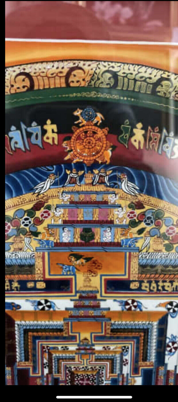KALACHAKRA WHEEL OF LIFE Tibet Om Mandala Original Hand Painted 48cm Glass Frame