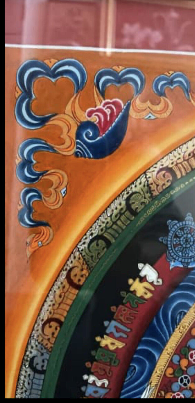 KALACHAKRA WHEEL OF LIFE Tibet Om Mandala Original Hand Painted 48cm Glass Frame