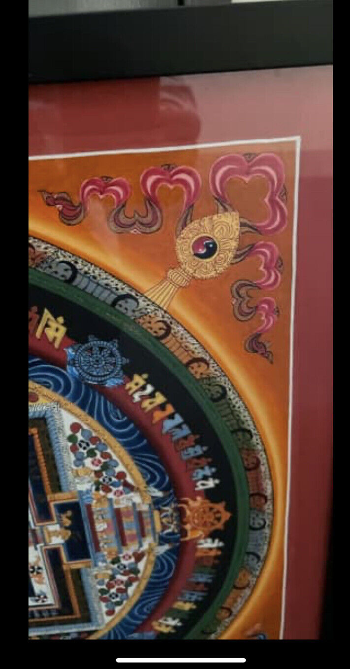 KALACHAKRA WHEEL OF LIFE Tibet Om Mandala Original Hand Painted 48cm Glass Frame