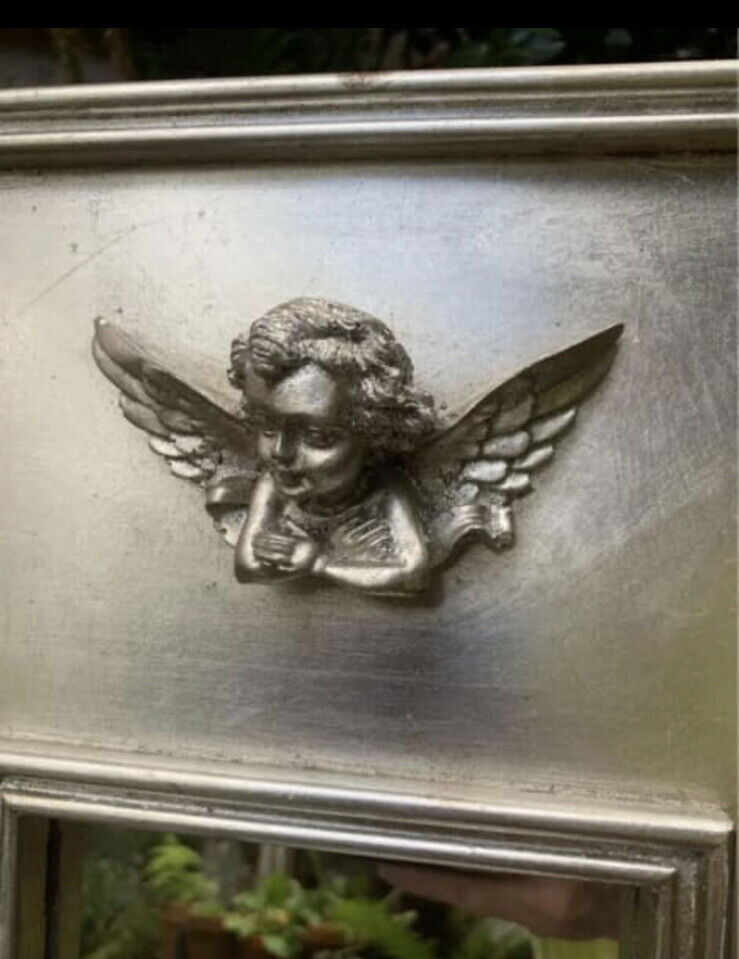 65cm Wooden Silver Mirror Cherub Angel Head Wings Ready to Hang Wall Decor