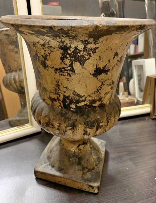 Pedestal Urn 28cm Provincial Indoor Steel Metal Footed Pot Gold Black Patina