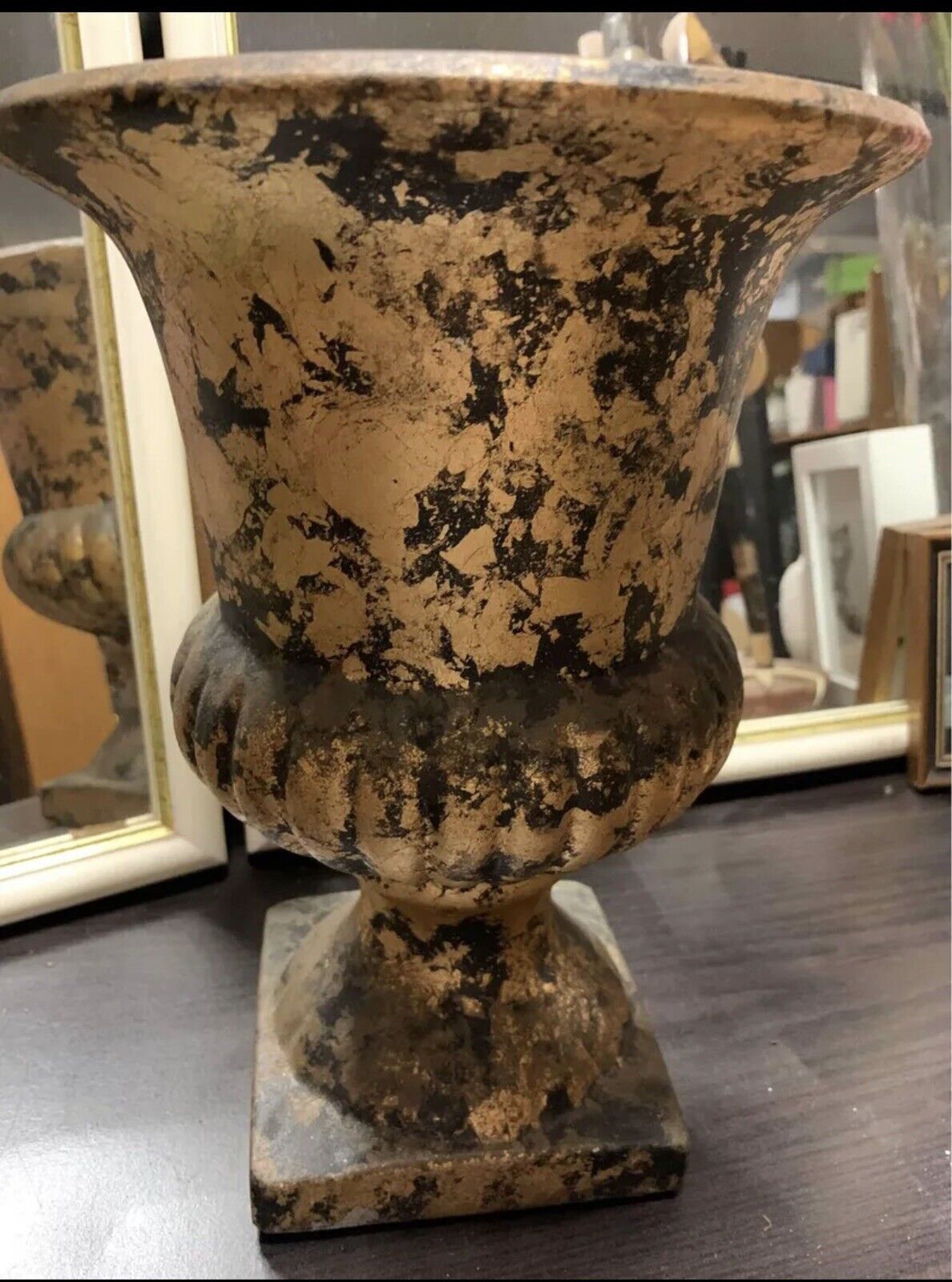 Pedestal Urn 28cm Provincial Indoor Steel Metal Footed Pot Gold Black Patina