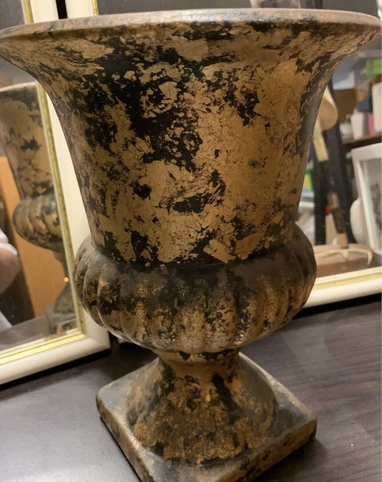 Pedestal Urn 28cm Provincial Indoor Steel Metal Footed Pot Gold Black Patina