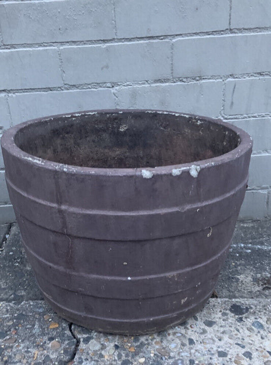 Vintage CONCRETE POT Half Barrel Shape Garden Planter Urn Hairline Crack 31x41cm