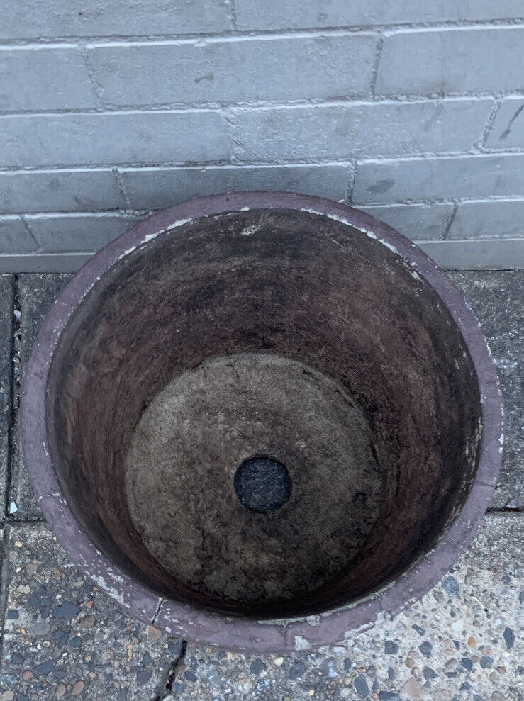 Vintage CONCRETE POT Half Barrel Shape Garden Planter Urn Hairline Crack 31x41cm