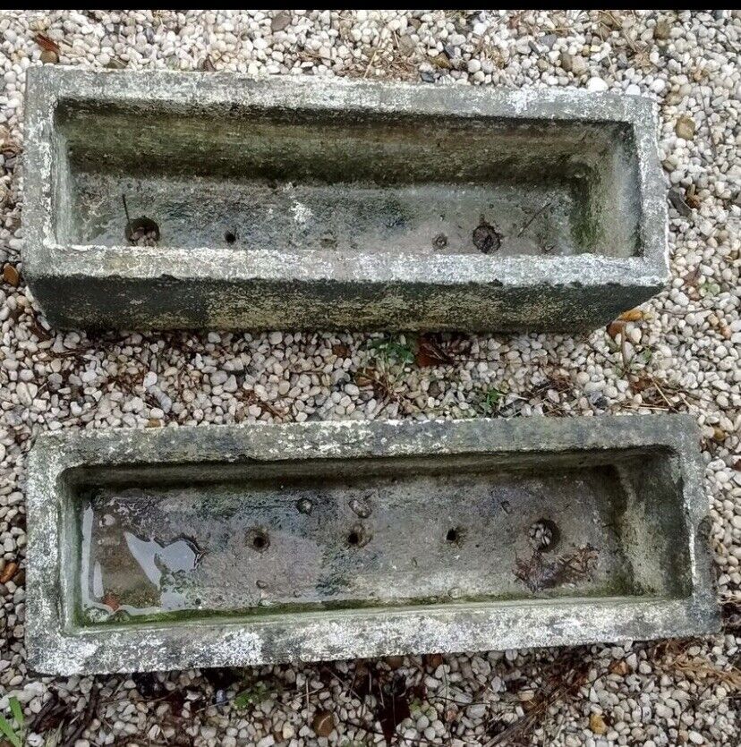 Pair Vintage Planter Pot CONCRETE TROUGH 28x 35cm Rectangular White Green Patina