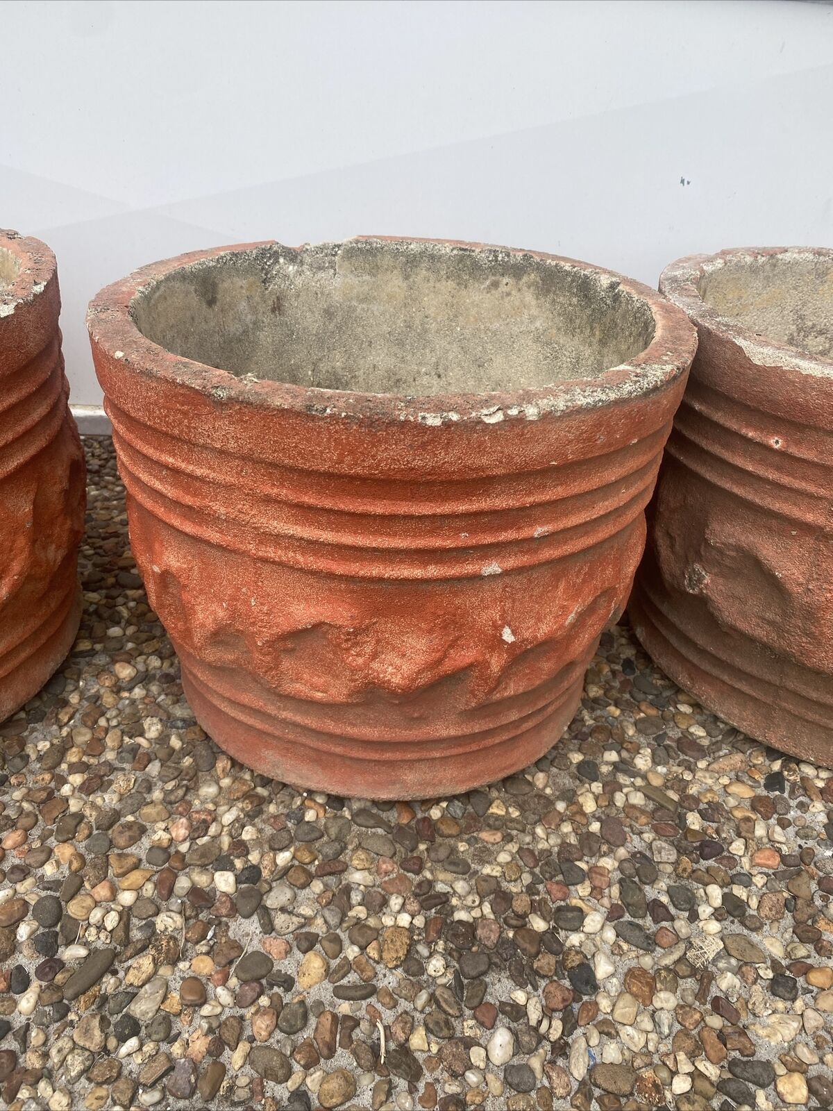 CONCRETE Garden POT 4x Vintage Rustic Round Planter Urn Pattern Patina 28x35.5cm