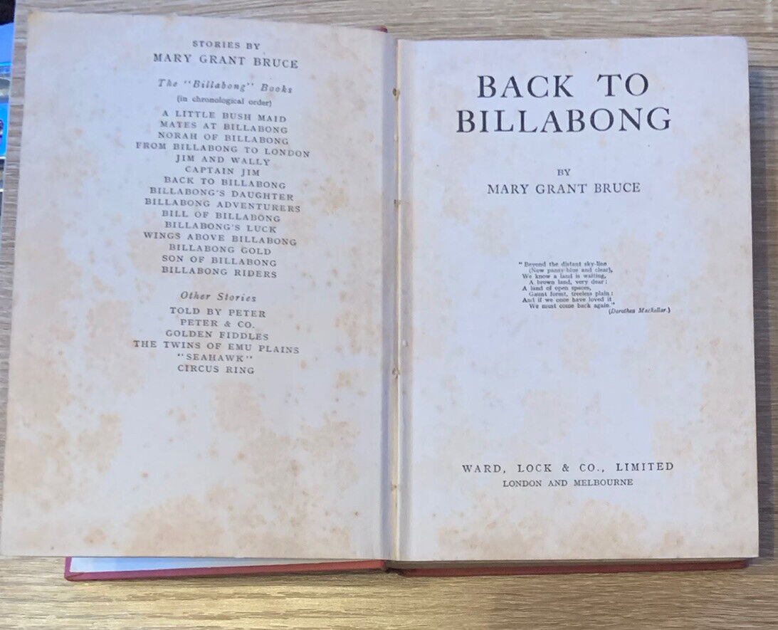 BACK TO BILLABONG By Mary Grant Bruce An Australian Classic.. .Vintage Copy