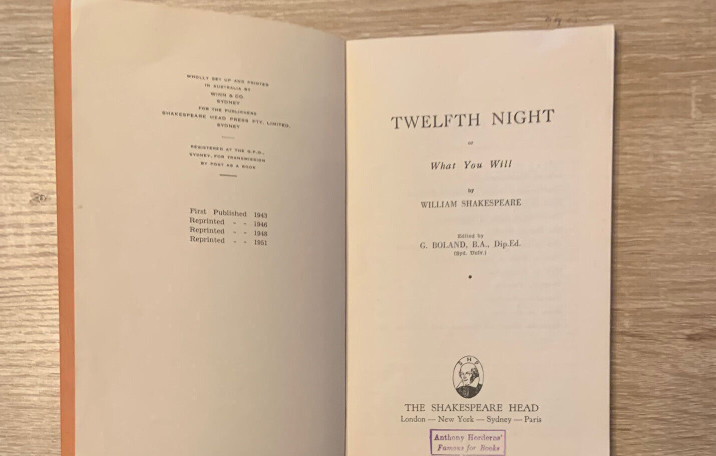 TWELFTH NIGHT on WHAT YOU WILL William SHAKESPEARE 1943 1951 Ed Edited G Borland