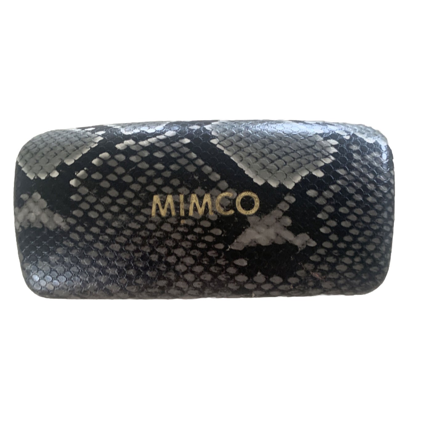 Empty MIMCO GLASSES CASE FAUX SNAKESKIN BLACK HINGED Clamshell Lined Logo