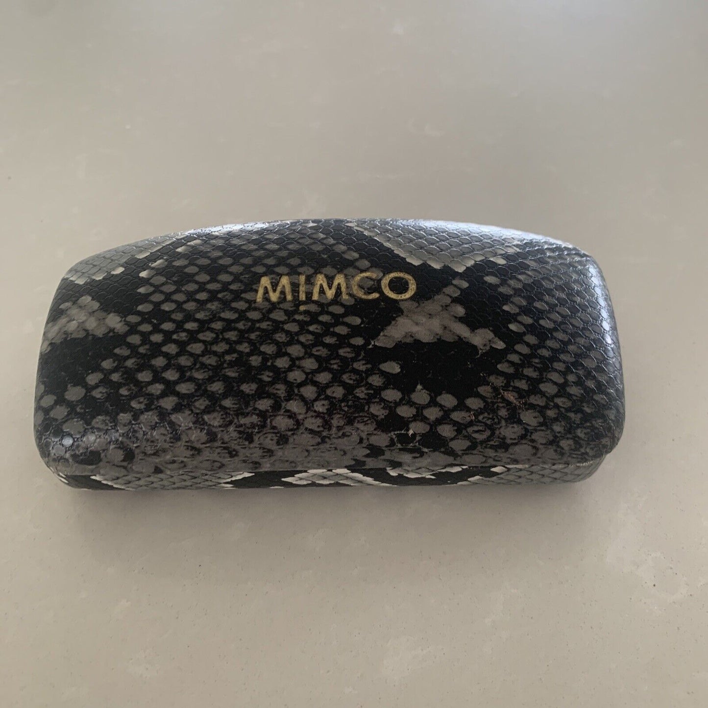 Empty MIMCO GLASSES CASE FAUX SNAKESKIN BLACK HINGED Clamshell Lined Logo