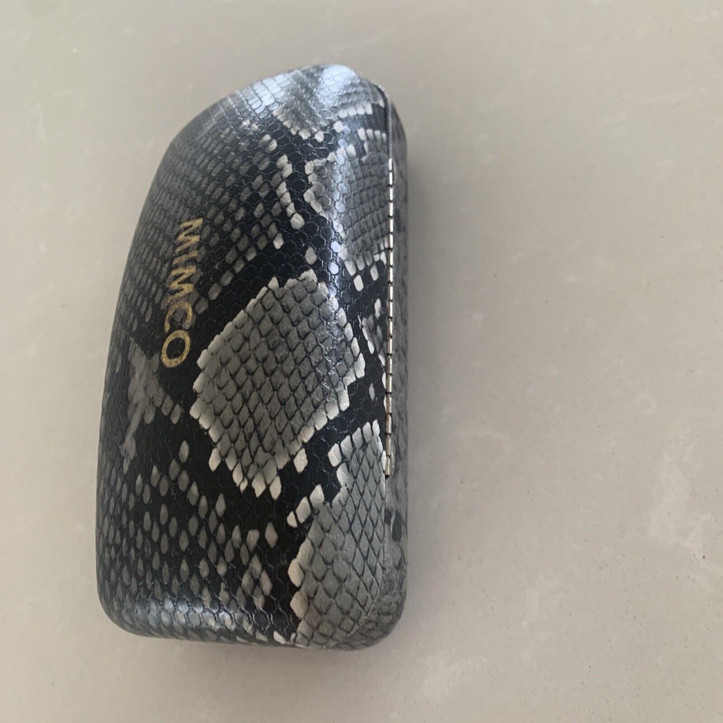 Empty MIMCO GLASSES CASE FAUX SNAKESKIN BLACK HINGED Clamshell Lined Logo