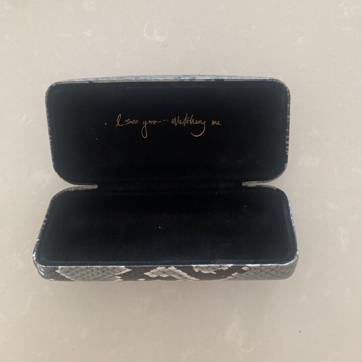 Empty MIMCO GLASSES CASE FAUX SNAKESKIN BLACK HINGED Clamshell Lined Logo