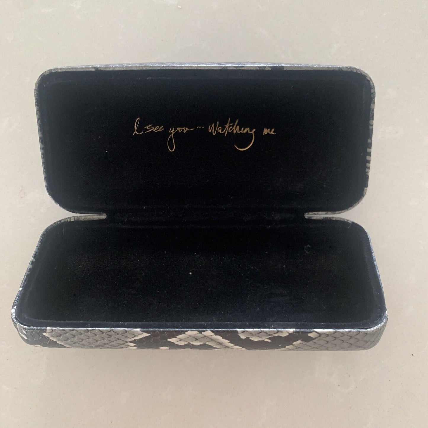 Empty MIMCO GLASSES CASE FAUX SNAKESKIN BLACK HINGED Clamshell Lined Logo