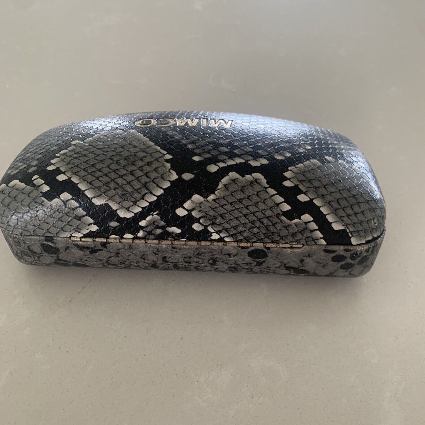 Empty MIMCO GLASSES CASE FAUX SNAKESKIN BLACK HINGED Clamshell Lined Logo
