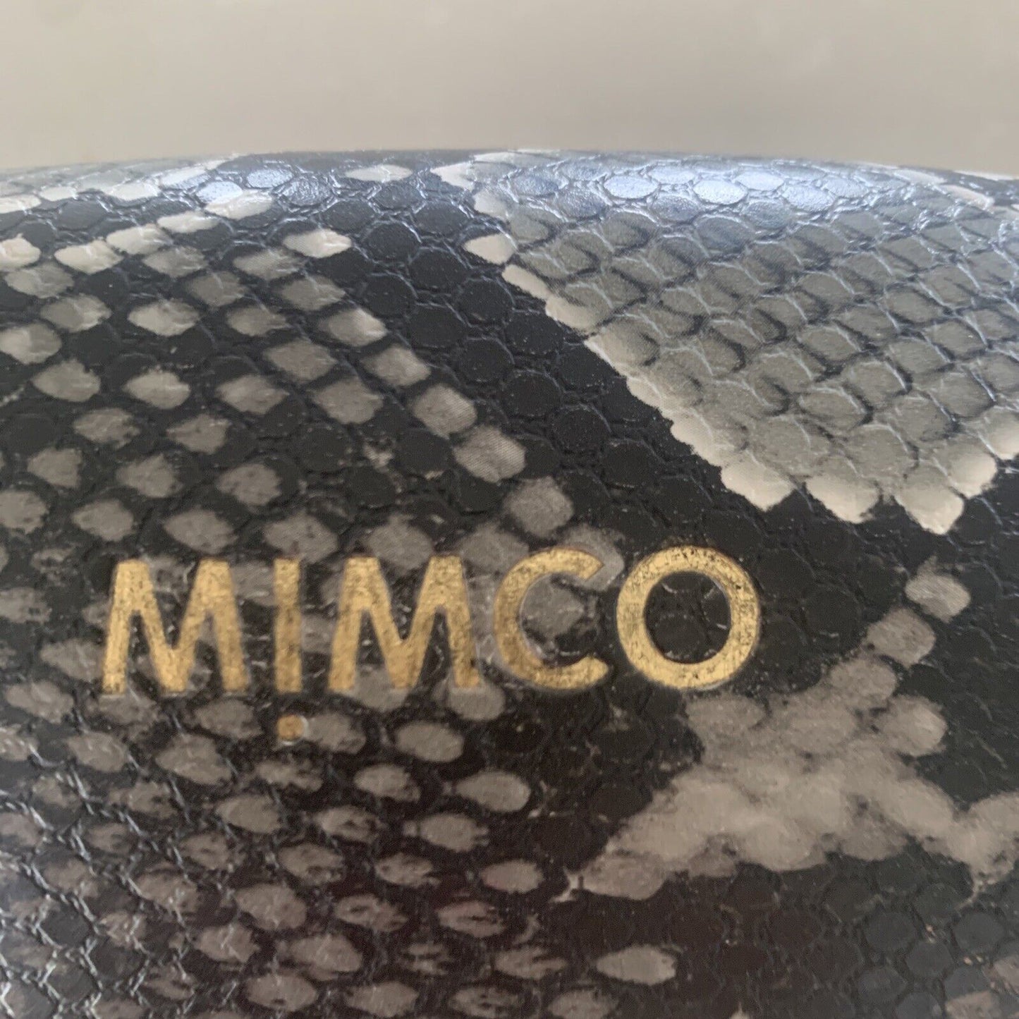 Empty MIMCO GLASSES CASE FAUX SNAKESKIN BLACK HINGED Clamshell Lined Logo