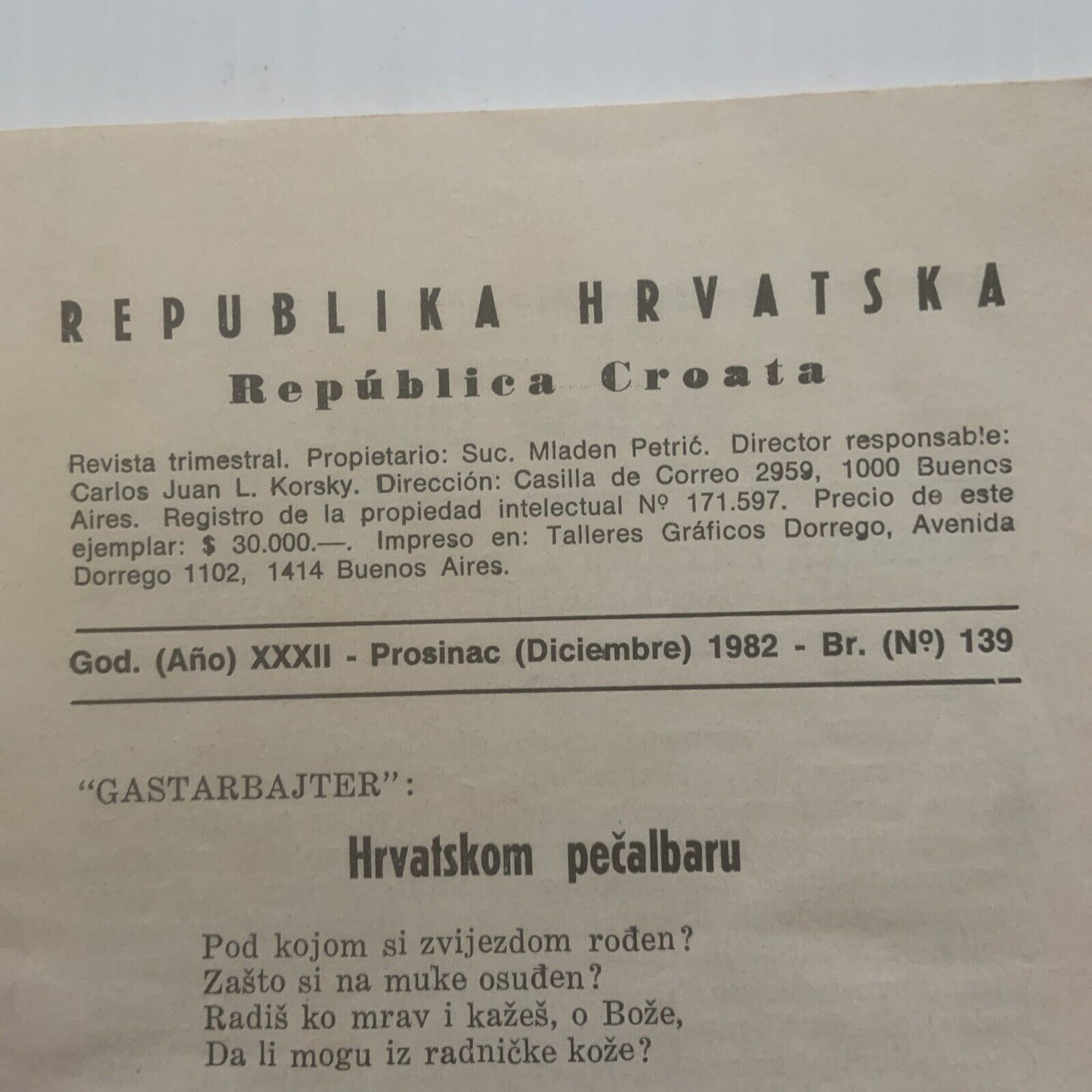 Vintage REPUBLIKA HRVATSKA December 1982  No 139  Buenos Aires Booklet Croatian
