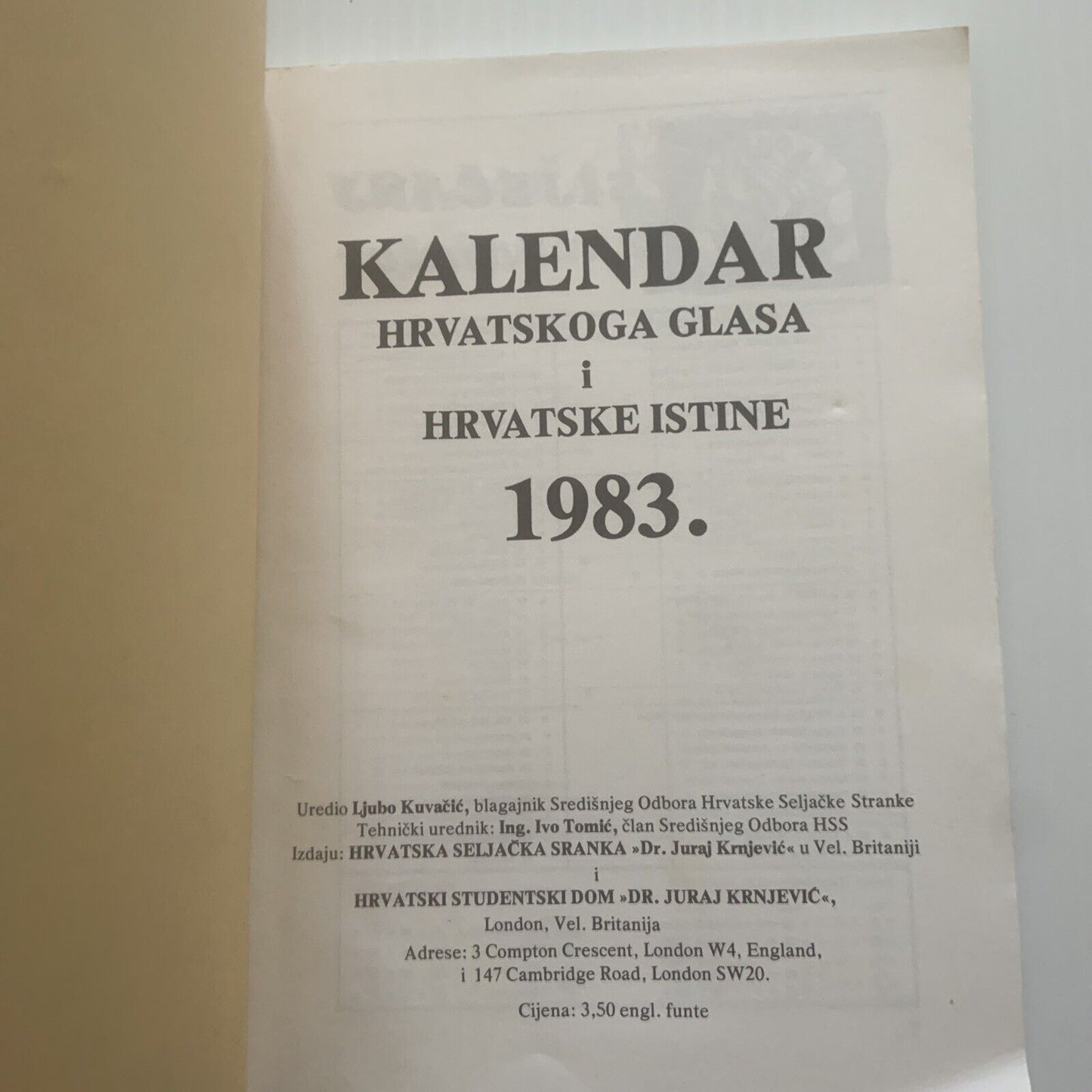 Vintage KALENDAR 1983 Hrvatski Seljacka Stranka HSS Yearly Publication Booklet