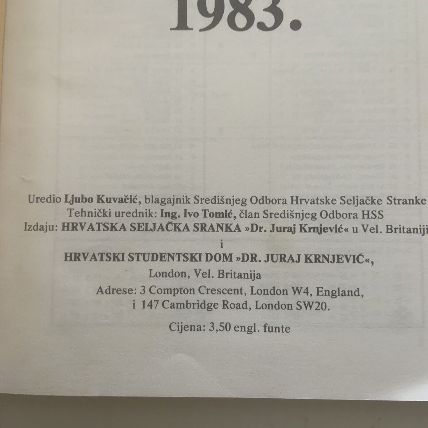 Vintage KALENDAR 1983 Hrvatski Seljacka Stranka HSS Yearly Publication Booklet