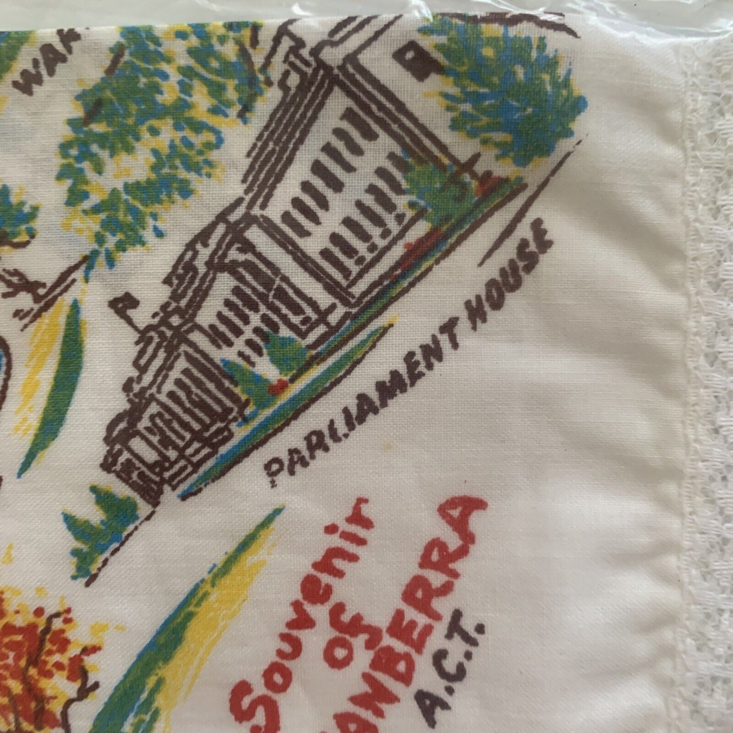 Vintage HANDKERCHIEF 28cm Souvenir Of Canberra ACT Australia Landmark Sealed NEW