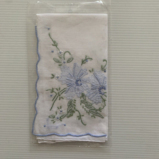 Vintage HANDKERCHIEF 30cm Blue Embroidery Scallop Edge White Cotton Sealed NEW