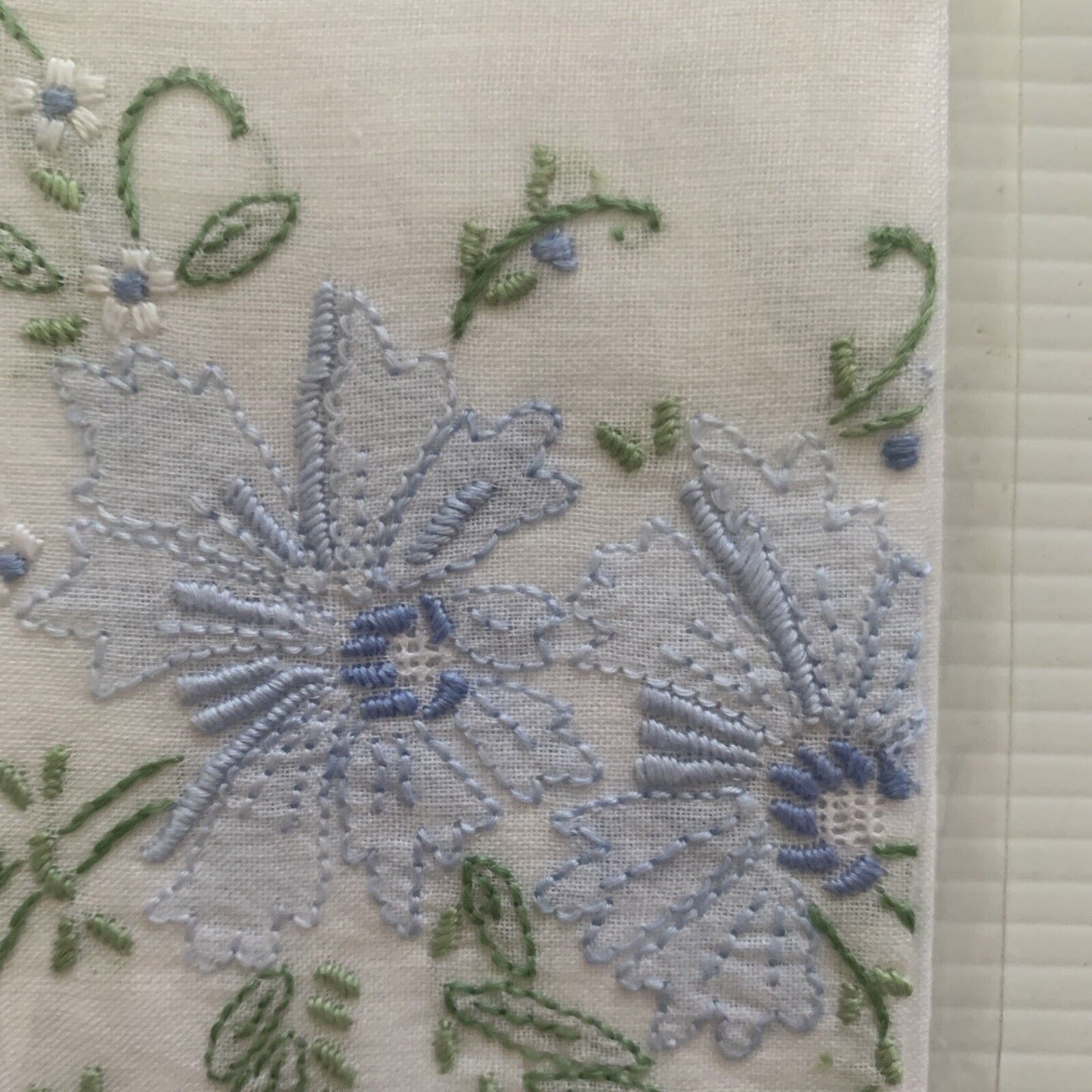 Vintage HANDKERCHIEF 30cm Blue Embroidery Scallop Edge White Cotton Sealed NEW