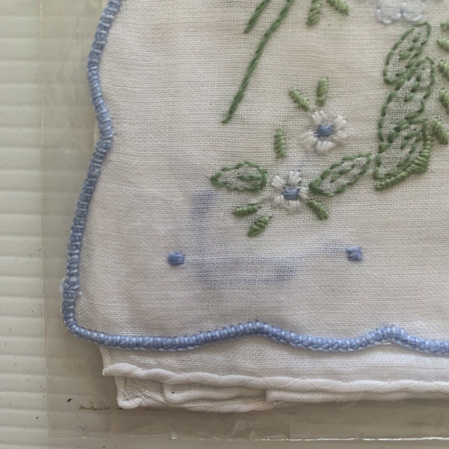 Vintage HANDKERCHIEF 30cm Blue Embroidery Scallop Edge White Cotton Sealed NEW