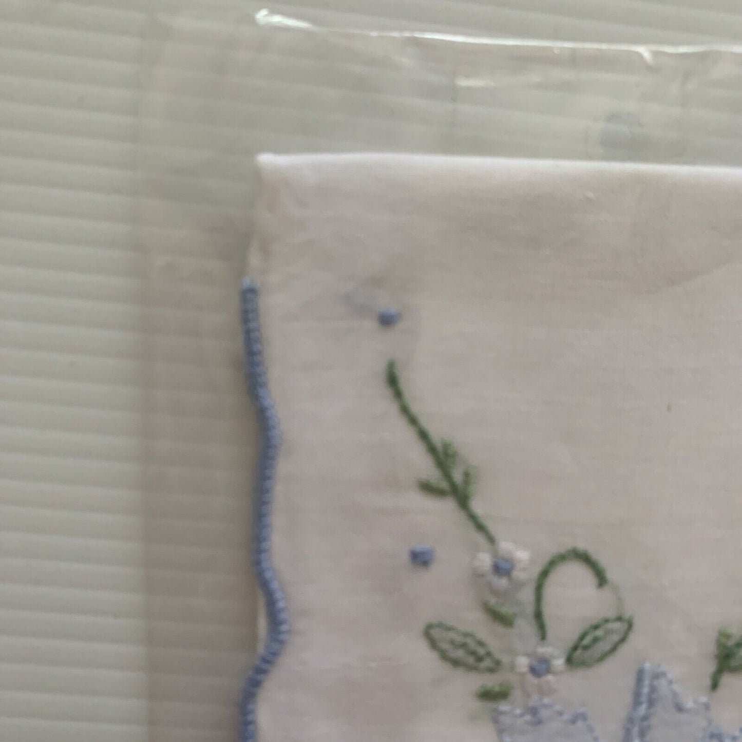 Vintage HANDKERCHIEF 30cm Blue Embroidery Scallop Edge White Cotton Sealed NEW