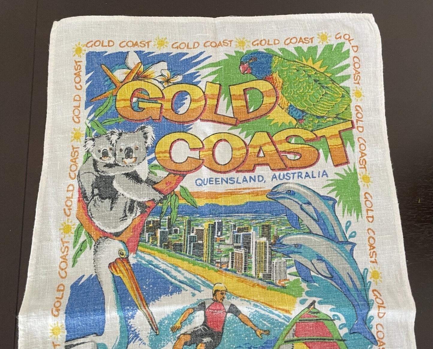 Vintage Tea Towel Linen GOLD COAST Australia Souvenir