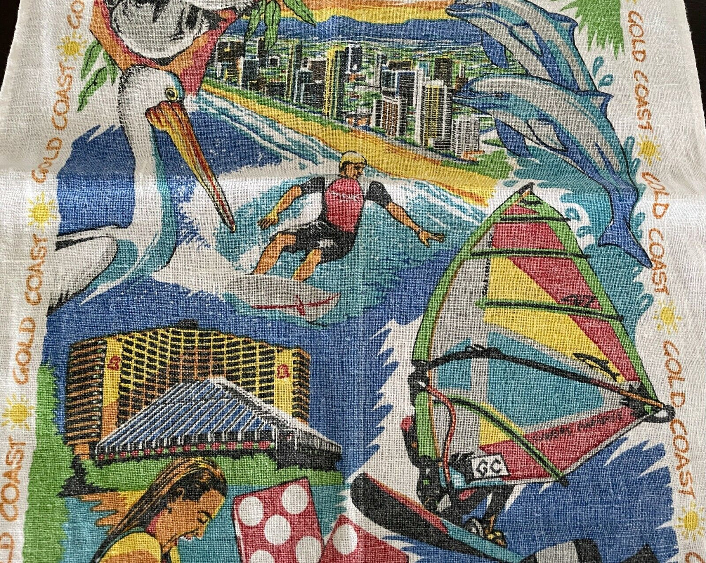 Vintage Tea Towel Linen GOLD COAST Australia Souvenir