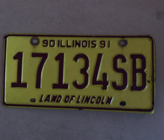 ILLINOIS Land Of Lincoln USA Rustic Vintage Number Plate 17134SB 1990 1991 Yello