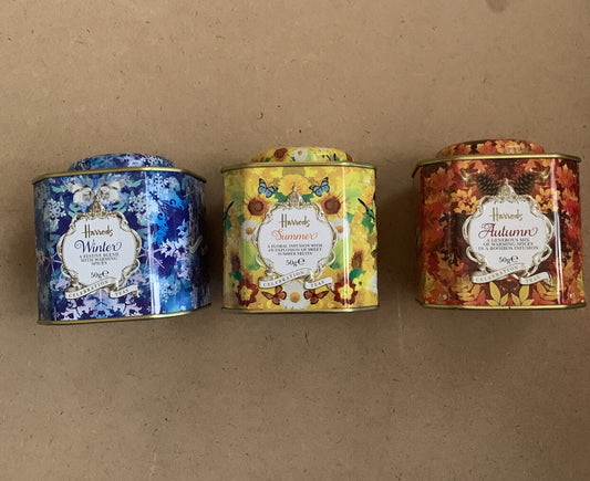 Metal Tin HARRODS Tea Caddy Set X 3 EMPTYCollectable Winter Autumn Summer NEW