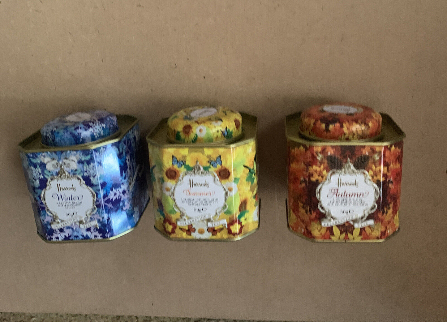 Metal Tin HARRODS Tea Caddy Set X 3 EMPTYCollectable Winter Autumn Summer NEW