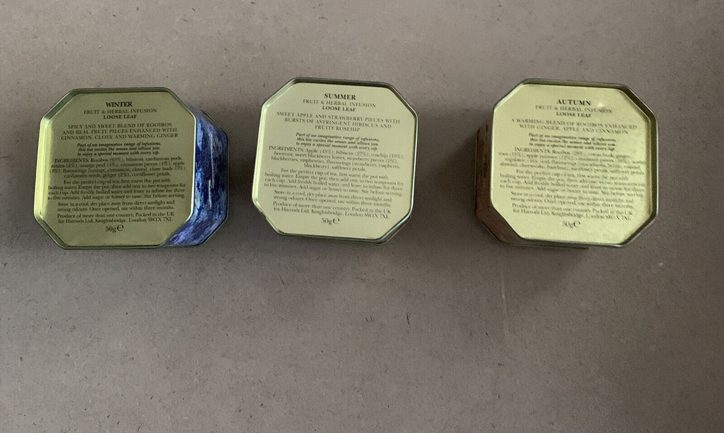 Metal Tin HARRODS Tea Caddy Set X 3 EMPTYCollectable Winter Autumn Summer NEW