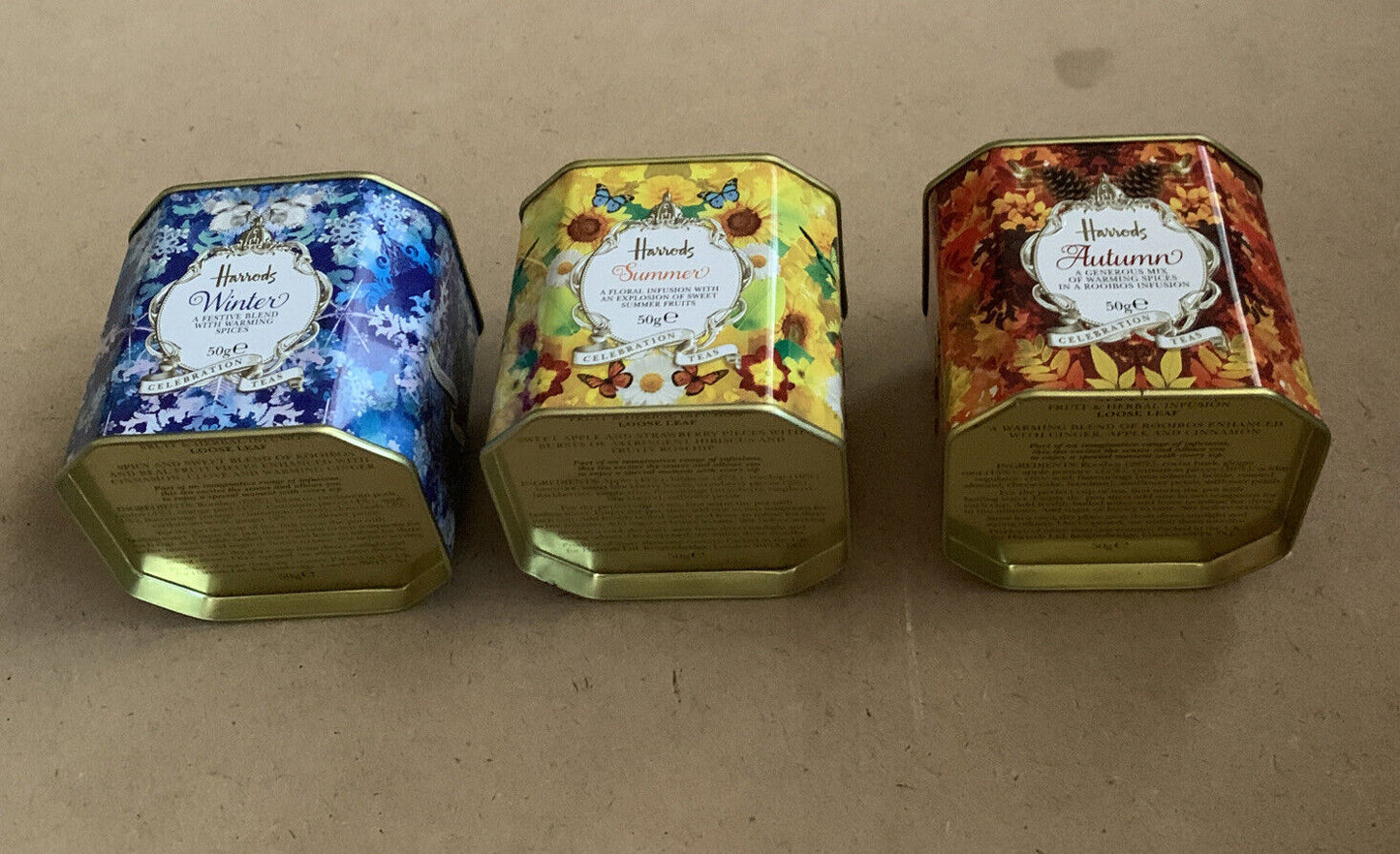Metal Tin HARRODS Tea Caddy Set X 3 EMPTYCollectable Winter Autumn Summer NEW