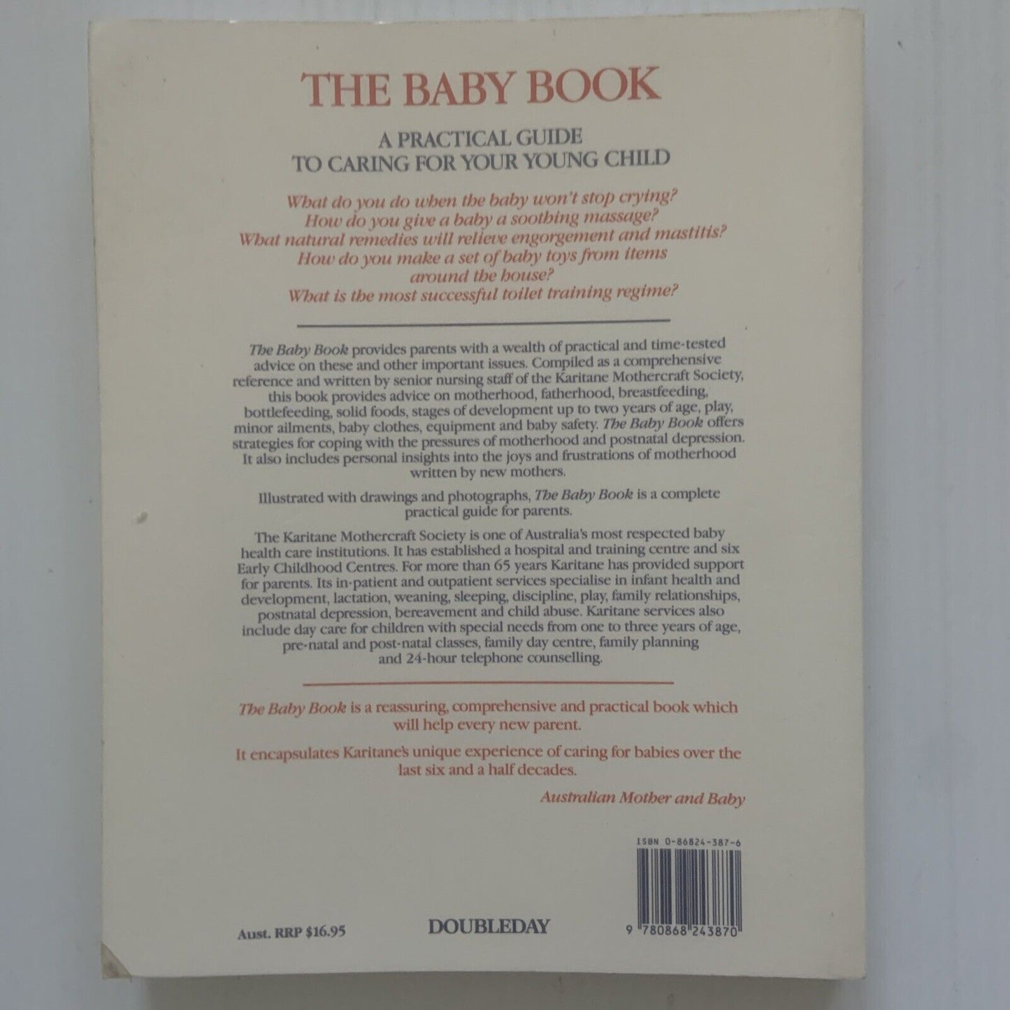 PB Book THE BABY BOOK A PRACTICAL GUIDE   KARITANE  Mothercraft Society 1990