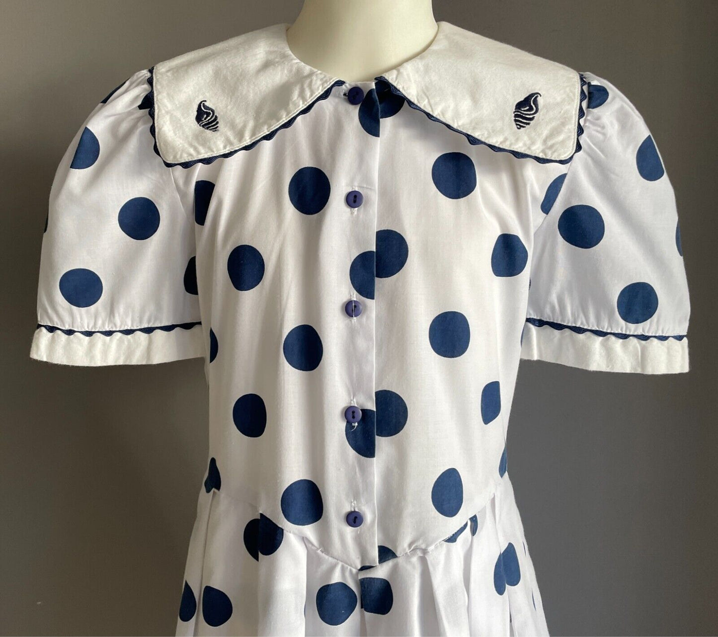 Girls JESSE Sailor Dress White & Blue Polka Dot Size 10 Collar Short Sleeves