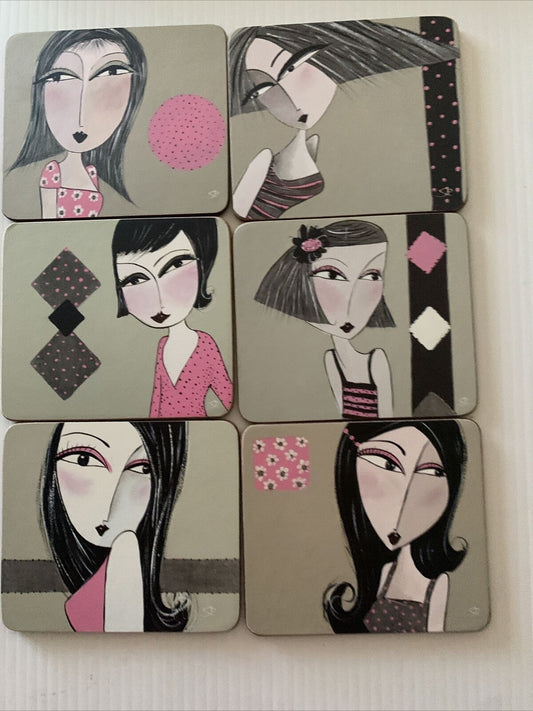 CINNAMON PLACE MATS 6 Piece Cork Box Set Women Abstract Art Portrait 11x9.5cm