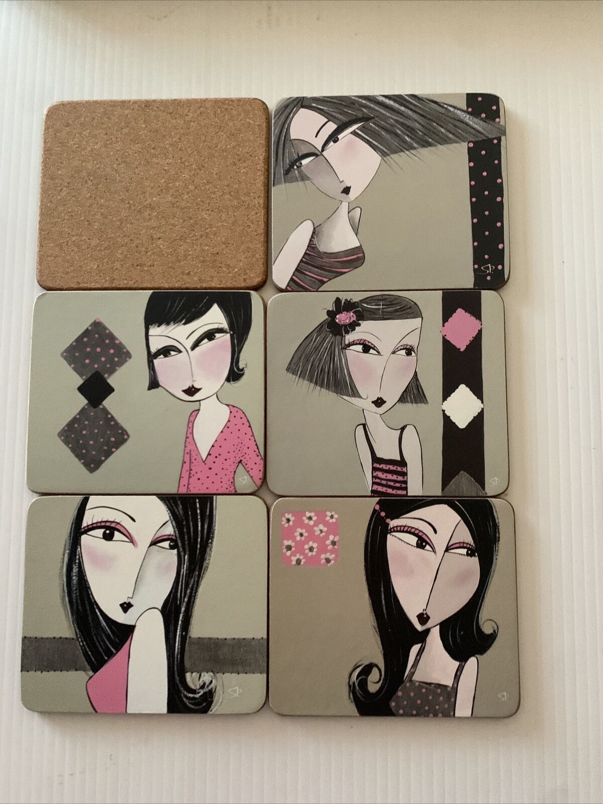 CINNAMON PLACE MATS 6 Piece Cork Box Set Women Abstract Art Portrait 11x9.5cm