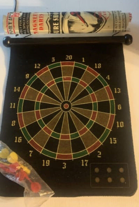 Magnetic Dart Board SURE SHOT Rollable 6 darts double sided Wall hanging W cover