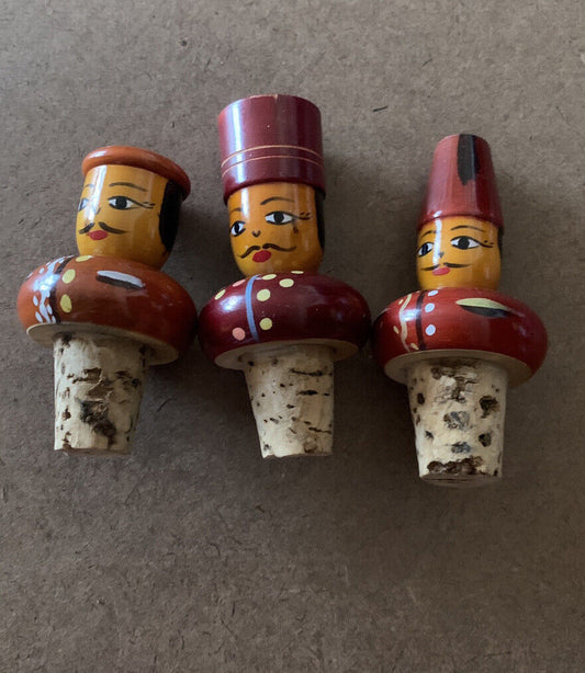 CORK BOTTLE STOPPER Vintage 3x Wooden Ethnic Painted Retro Bar Kitchen Souvenir