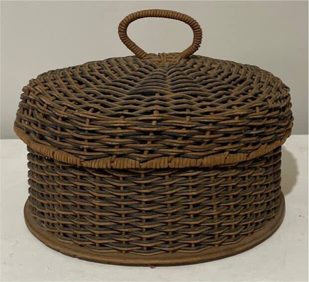 Wicker Basket w Lid Vintage 26cm Round Jewellery Sewing Box Wood Base AE316