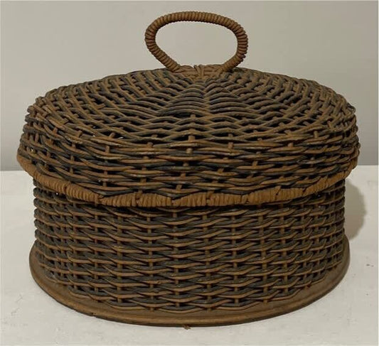 Wicker Basket w Lid Vintage 26cm Round Jewellery Sewing Box Wood Base AE316