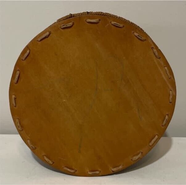 Wicker Basket w Lid Vintage 26cm Round Jewellery Sewing Box Wood Base AE316