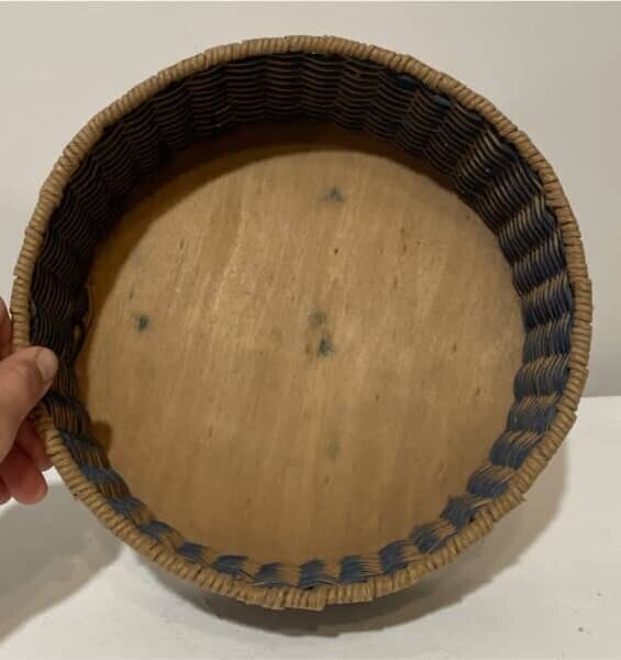 Wicker Basket w Lid Vintage 26cm Round Jewellery Sewing Box Wood Base AE316