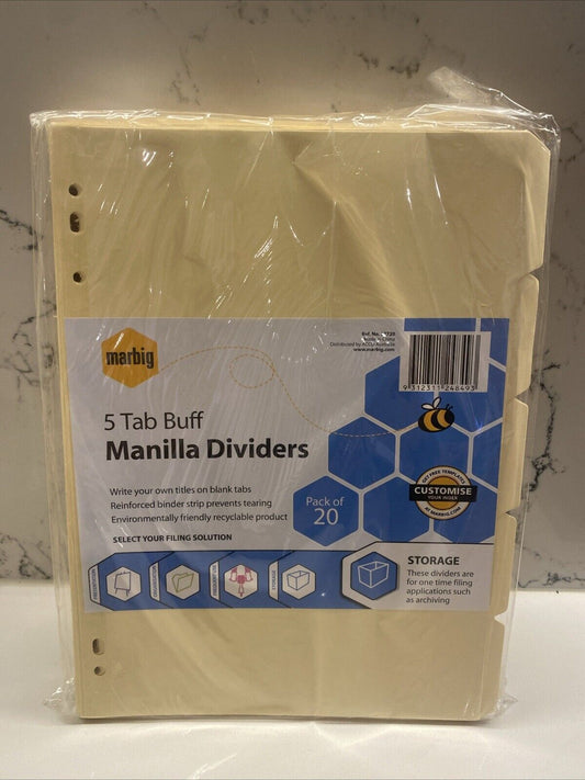 20 Set Pack MARBIG 5 Tab Buff Divider Manilla Storage A4 Pack 37720 NEW Sealed
