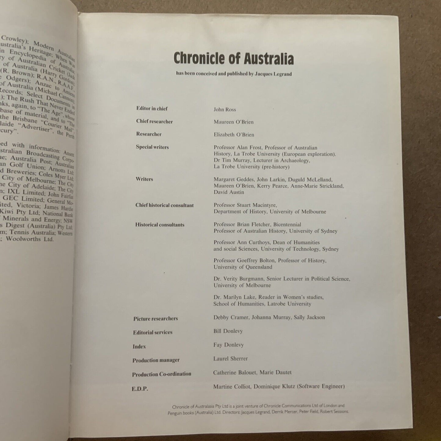 HC Book CHRONICLE OF AUSTRLIA Very Large Coffee Table 1993 History