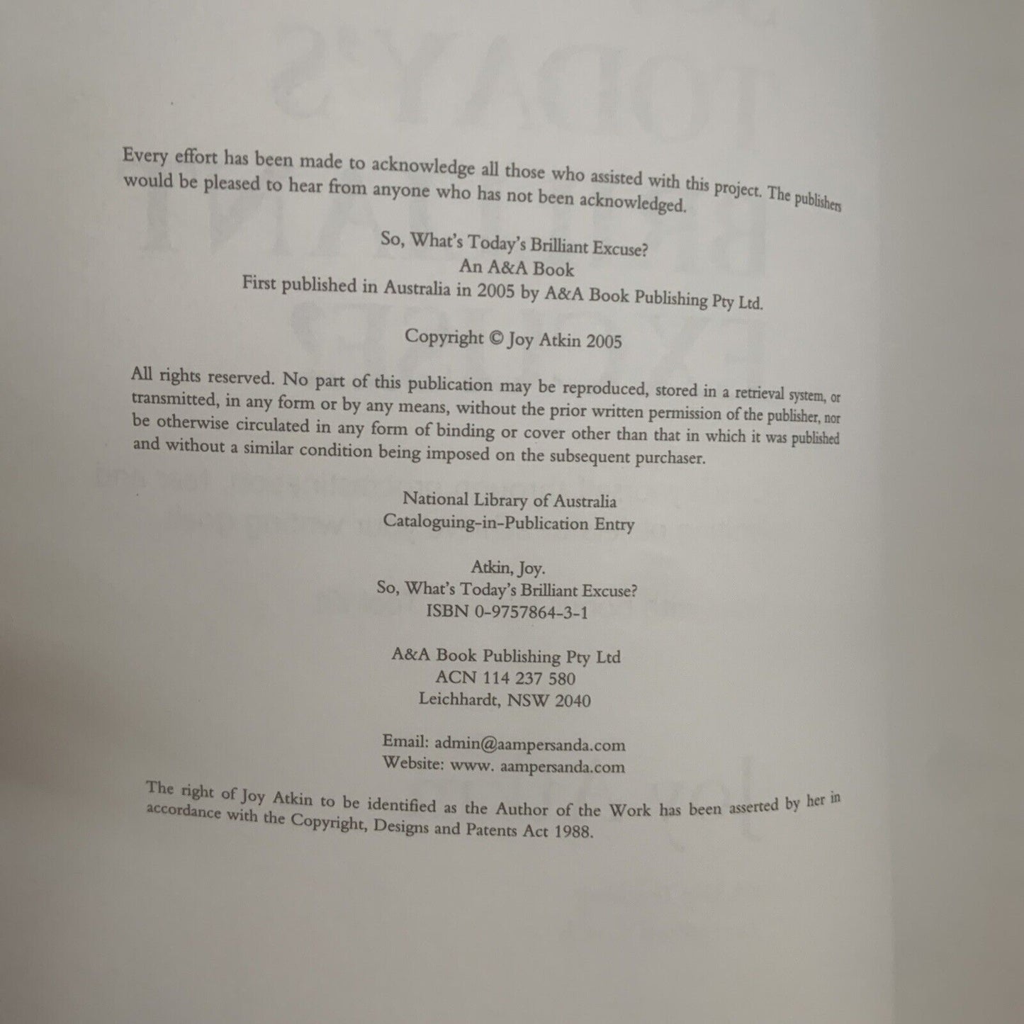 PB So What's Today's Brilliant Excuse Joy Atkins Overcoming Procrastination 2005